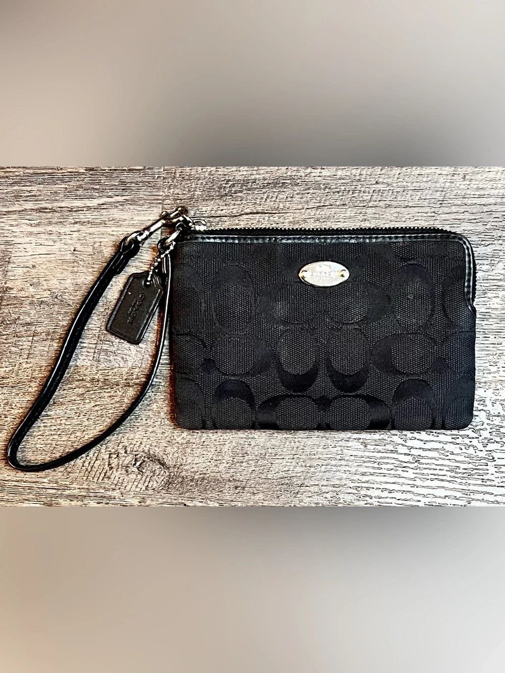 Coach F64375 Black Signature C Jacquard Corner Zip Wristlet Wallet